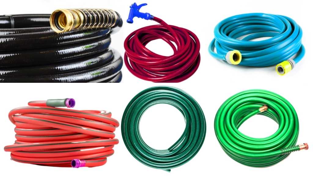 Six different types of garden hoses with different colours and duty level